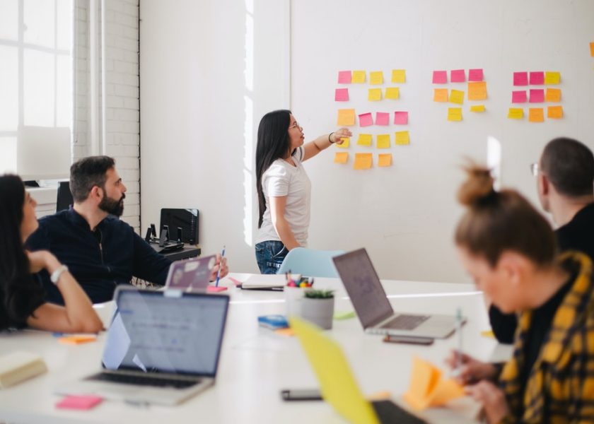 Picture of team in a meeting room with post it notes on a white board