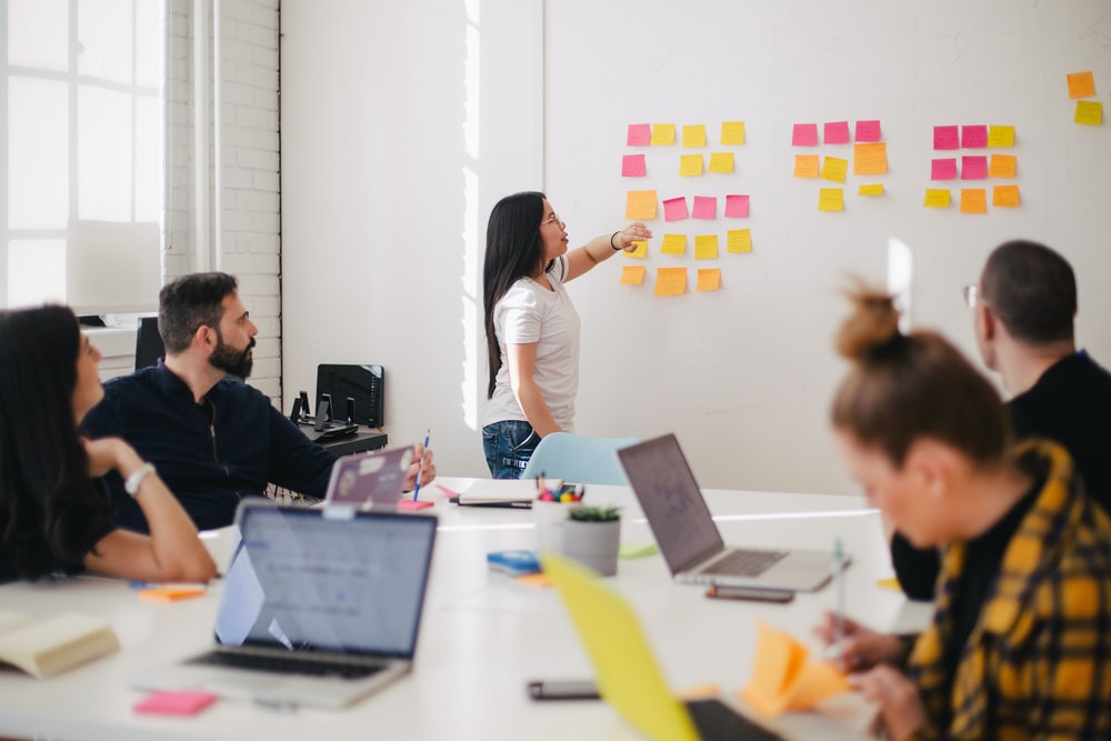 Picture of team in a meeting room with post it notes on a white board