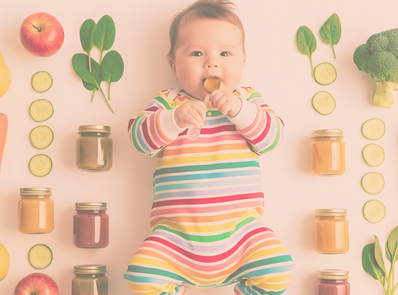 Baby surrounding by jarred and whole foods