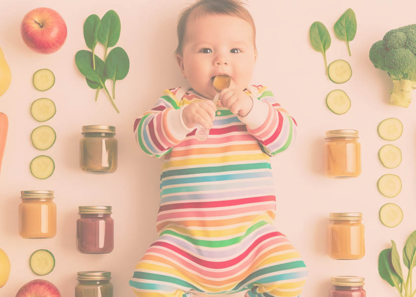 Baby surrounding by jarred and whole foods